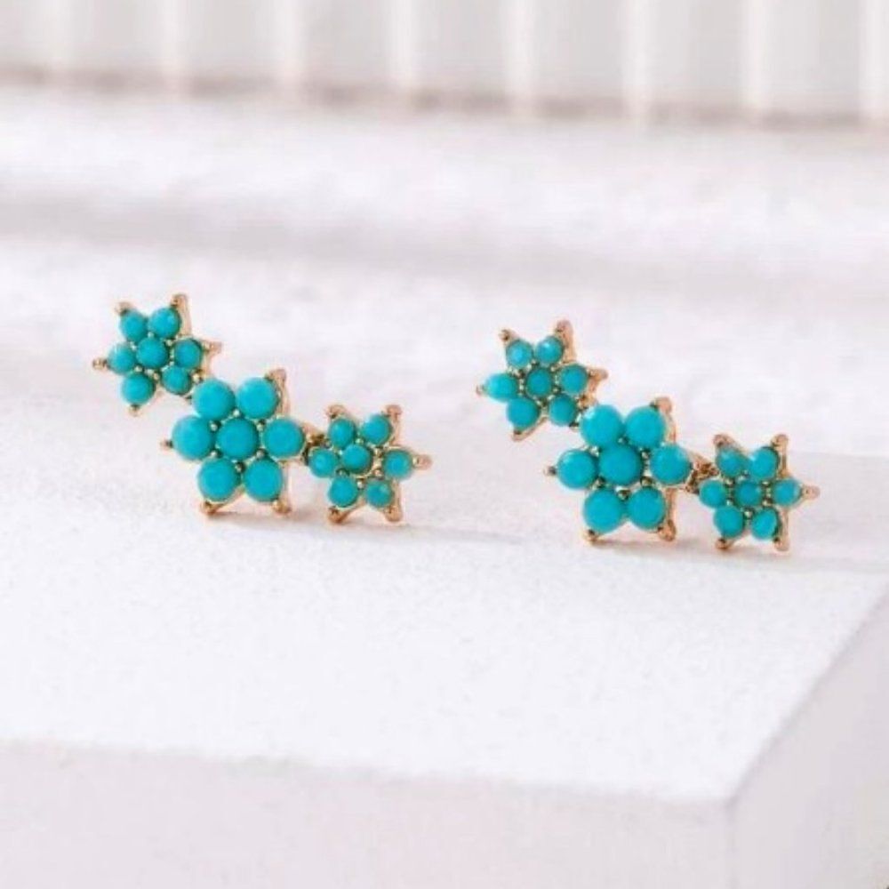 TURQUOISE GOLD FLOWER EAR CRAWLER STUD EARRINGS